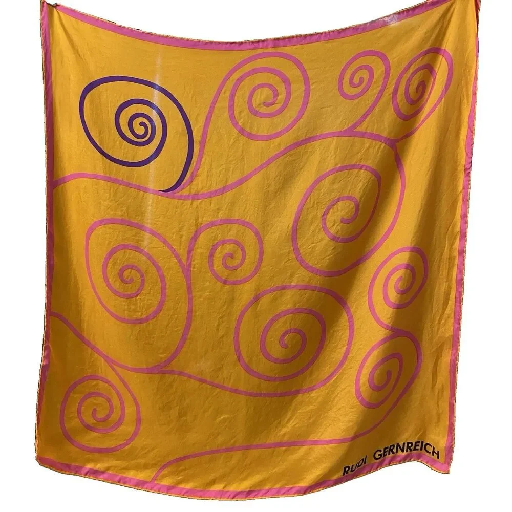 VTG Rudi Gernreich Swirl Silk Scarf Square 30x30 Mod 60s Orange Pink Designer